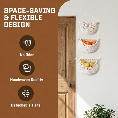 Cotton Hanging Fruit Basket, 3 Tier Woven Wall Basket, Hanging storage baskets - Image 4