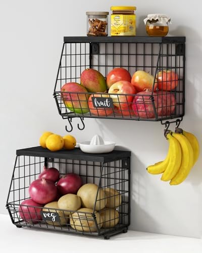 Goozii Black Kitchen Wall Hanging Storage Basket Set of 2, Rustic Stackable by Goozii