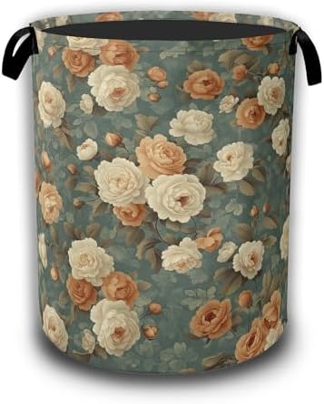 Vintage Rose Flower Laundry Hamper, Retro Floral Collapsible Laundry Baskets by Unknown