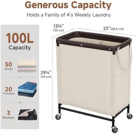 StorageWorks 2 Section Laundry Hamper, 100L Beige Sorter Cart - Image 2