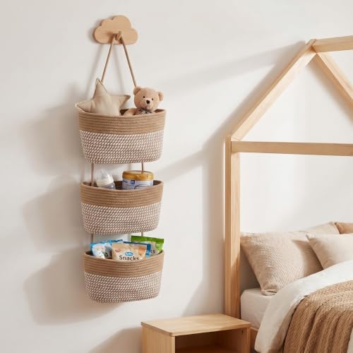 Over the Door Hanging Basket for Organizing 3 Tiers Woven Cotton Rope Wall - Image 2