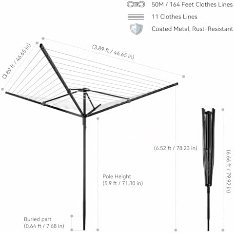 Enayplon 4-Arm Umbrella Clothes Drying Rack, 164 FT Rotary Outdoor Clothesline - Image 3
