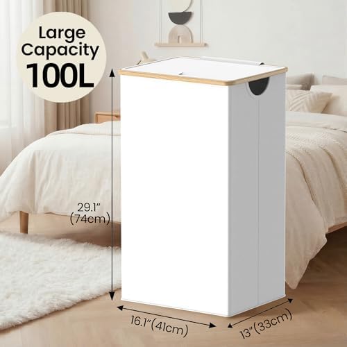 efluky Laundry Hamper with Lid, 100L Tall Laundry Basket with Bamboo Handles - Image 3