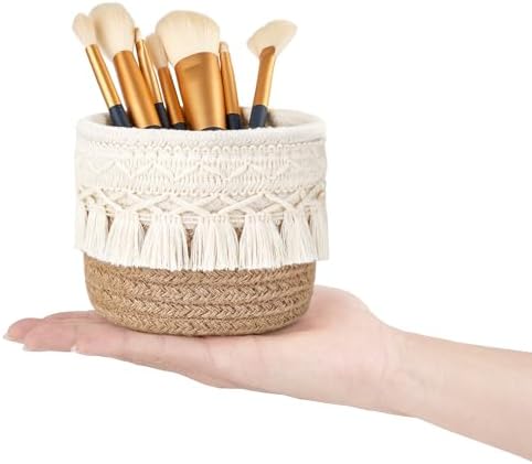 Mkono Macrame Makeup Brush Holder, Boho Mini Storage Basket Set of 2 - Image 6
