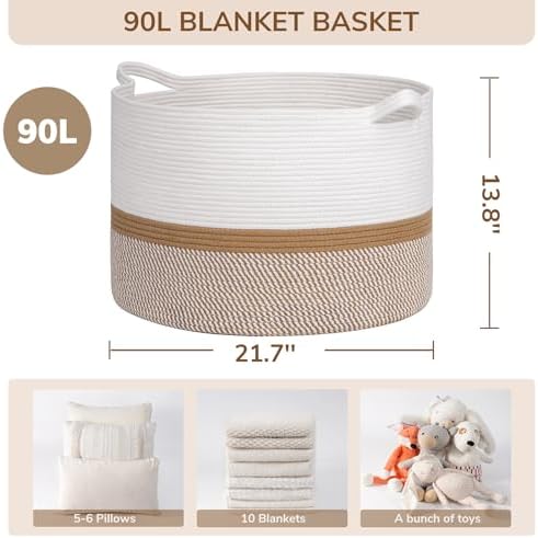 INDRESSME XXXLarge Woven Rope Blanket Basket Living Room White Camel - Image 3