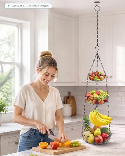 FANGSUN Hanging Fruit Basket for Kitchen, 3-Tier Hanging Fruit Basket - Image 2