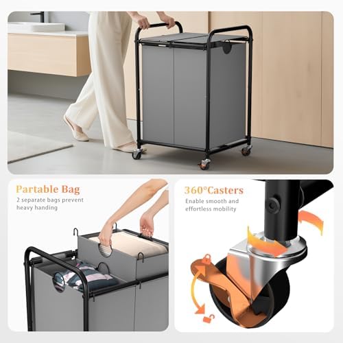 120L Laundry Sorter 2 Section, Rolling Laundry Basket - Image 3