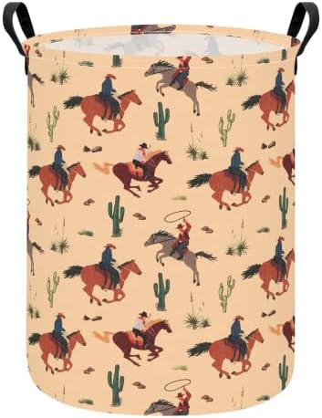 Round Laundry Basket Collapsible Storage Organizer Cactus Cowboy by LANGYASHAN