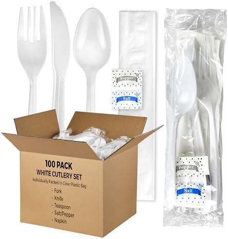 KitchenDine 100 Pack Medium Weight Wrapped white Plastic Cutlery Pack by Unknown