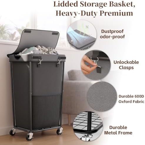 Laundry Hamper with Wheels and Lid, 110L Large Rolling Laundry Basket Gray - Image 4