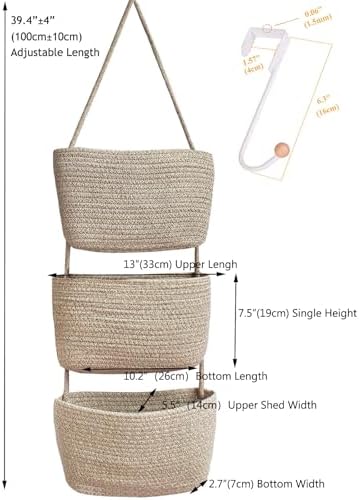Over the Door Hanging Basket for Organizing 3 Tiers Woven Cotton Rope Wall - Image 3