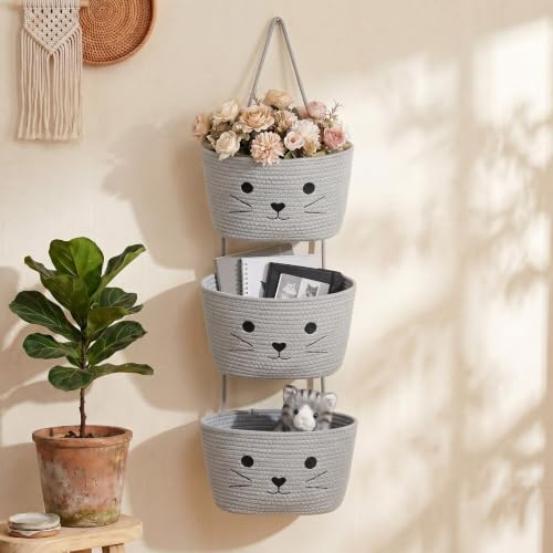 3-Tier Cat Theme Cotton Rope Hanging Basket Organizer, Wall Storage Bin by Yiyiring
