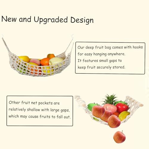 2 Pack Macrame Woven Hanging Fruit Hammock, 13×16in Beige Net - Image 3