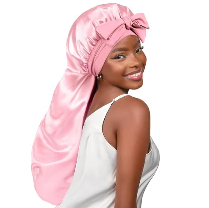 YANIBEST Long Bonnet Satin Bonnet for Sleeping Braid Bonnet with Tie Band Silk Sleep Bonnet for Women Locs Pink
