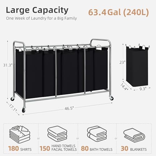 STORAGE MANIAC 5 Section Laundry Sorter, 5 Bins Rolling Separator Laundry Basket - Image 4