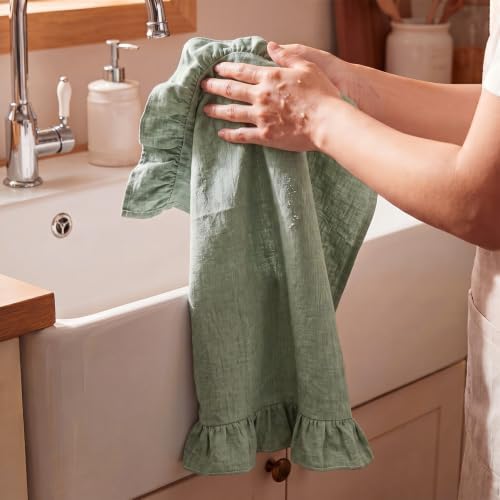 HunnmingRe 2 Pcs Sage Green Kitchen Towels Retro Towels Cotton Ruffled - Image 4