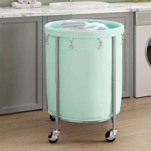 ELYKEN Laundry Basket with Wheels, Round Rolling Laundry Hamper, Mint Green - Image 7