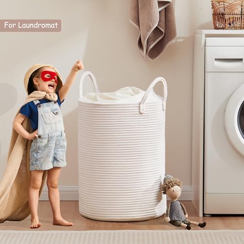 80L Large White Laundry Hamper Basket Woven Rope Tall Hamper - Image 5
