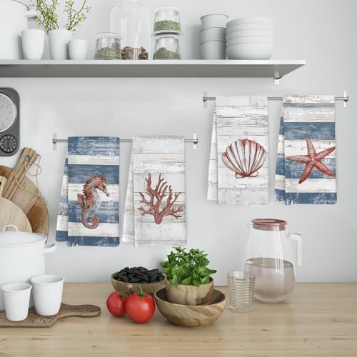 Coastal Beachy Kitchen Towels and Dishcloths Set of 4, Nautical Starfish - Image 2