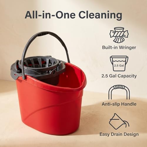 Mop Bucket with Wringer and Handle, 2.5 Gallon Floor Cleaning Bucket Red - Image 2