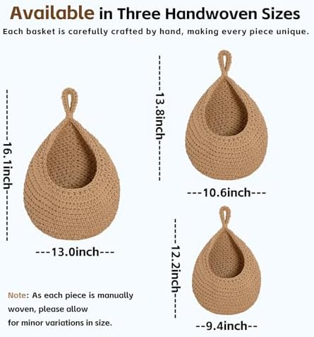 Hanging Storage Baskets Boho Decor Set of 3, Handmade Cotton Rope Wall-Mounted - Image 3