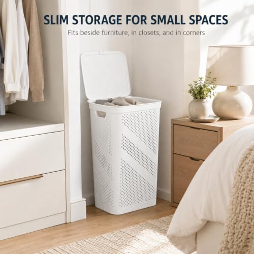 White Laundry Hamper with Hinged Lid, Rectangular 23.9 Inch - Image 6