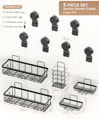 JOTPE Shower Caddy 5 Pack, No-Drill Suction Shower Organizer - Image 2
