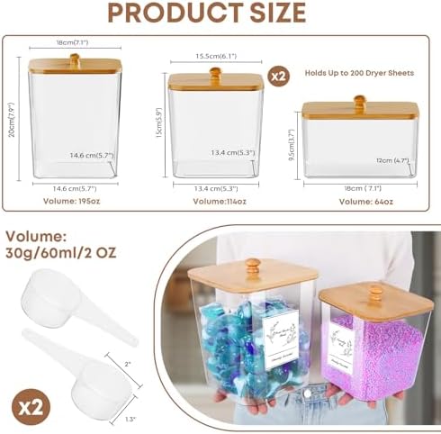 COAZEX 4 Pack Clear Laundry Pods Container & Dryer Sheet Holder, Bamboo Lids - Image 2
