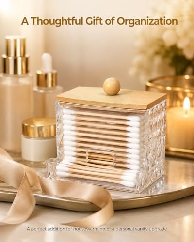 Cotton Swab Holder with Bamboo Lid, Diamond Cut Swab Dispenser - Image 7