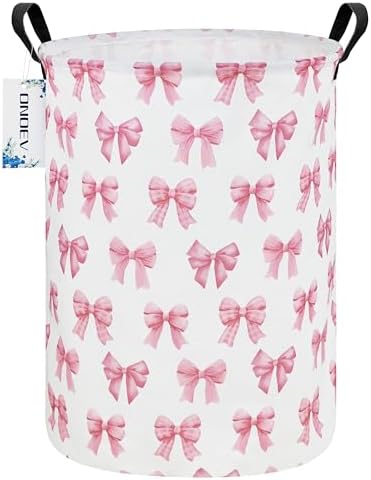 Round Large Pink Bow Print Waterproof Laundry Hamper by ONOEV