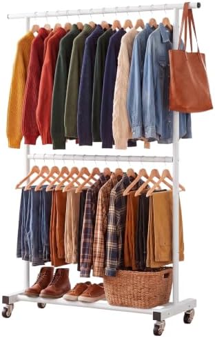Sywhitta Double Rod Metal Clothing Garment Rack on Wheels by haseverythingyouneed