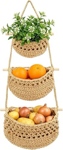 3 Tier Cotton Woven Wall Hanging Fruit Basket, 35.4 Inch by MaagorVita