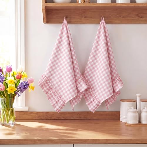 HunnmingRe 2 Pcs Light Pink Gingham Kitchen Towels Cotton Ruffled - Image 5