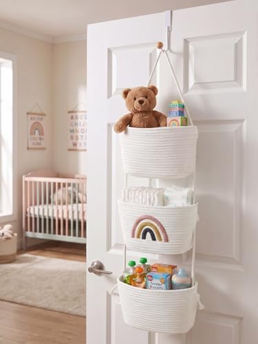 Over the Door Hanging Basket for Organizing 3 Tiers Woven Cotton Rope Wall - Image 2
