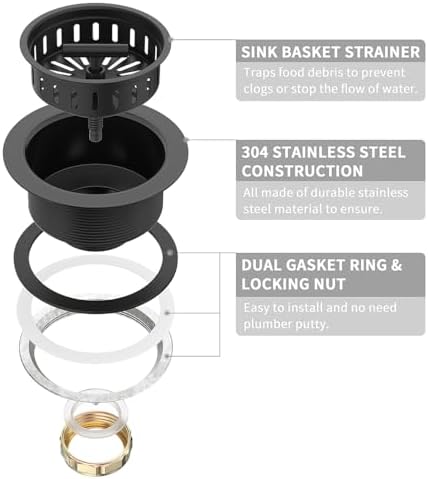 KONE Black Kitchen Sink Drain Matte Black Sink Strainer 3-1/2 Inch Drain - Image 5