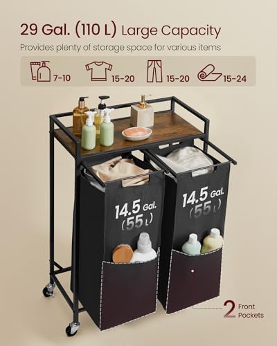 VASAGLE Laundry Sorter 2 Section, Rolling Cart - Image 3