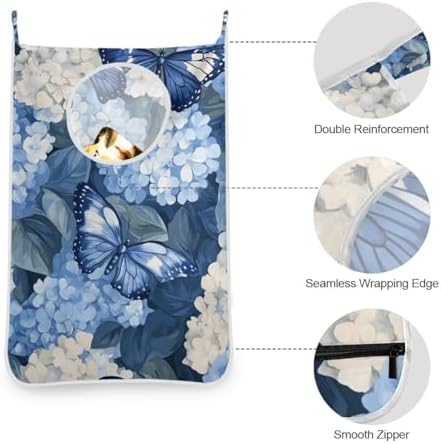 Blue Hydrangea and Butterfly Door Hanging Laundry Hamper Bag - Image 5