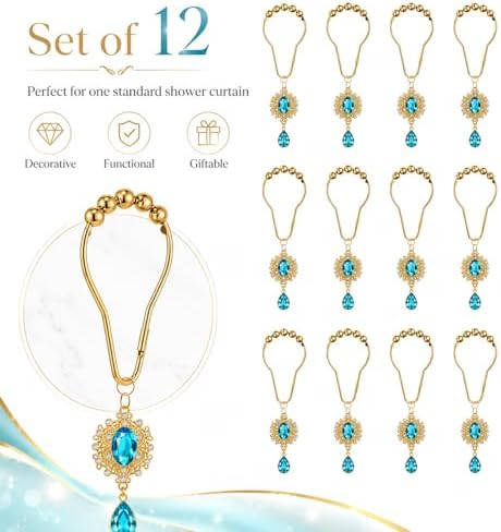 12PCS Aqua Blue Gem Shower Curtain Hooks, Elegant Bathroom Decor - Image 5