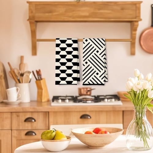 Black and White Kitchen Towels Set of 2, Boho Minimalist Abstract Dish Tea - Image 2