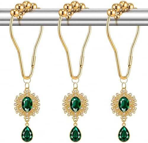 12PCS Green Gem Shower Curtain Hooks, Elegant Bathroom Decor by Koveni