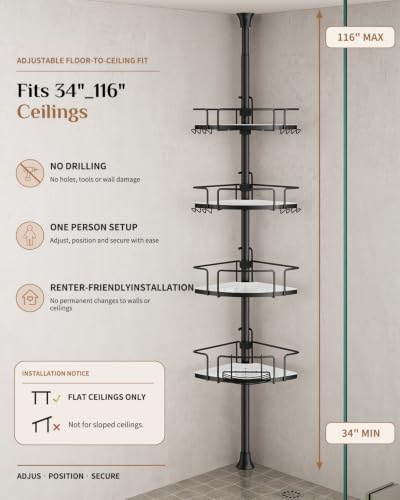 ALLZONE Corner Shower Caddy Tension Pole, 4 Hang-On Basket - Image 3