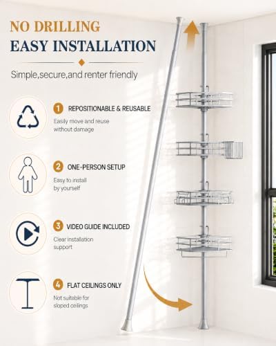 SEIRIONE Corner Shower Caddy Tension Pole, Quick Setup, Rust-Free Bathroom - Image 7