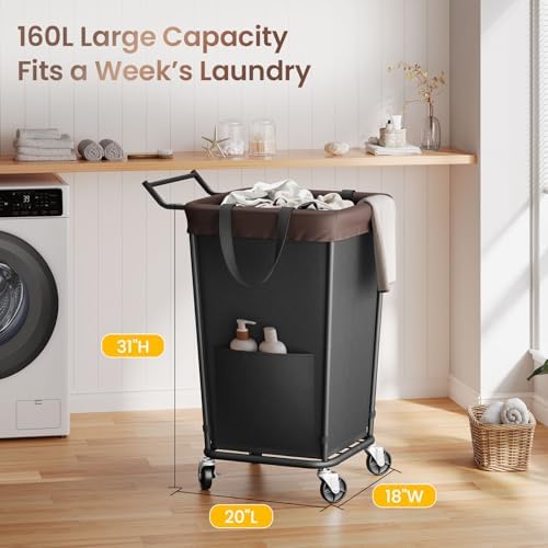 160L Laundry Hamper with Wheels and Handle, 2-Section Rolling Hamper - Image 2