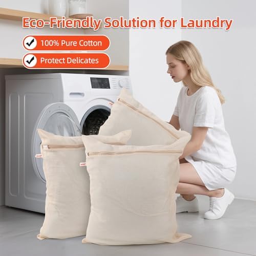 MADIKA 100% Pure Cotton Mesh Laundry Bags Large, Premium Soft, No Dye - Image 3