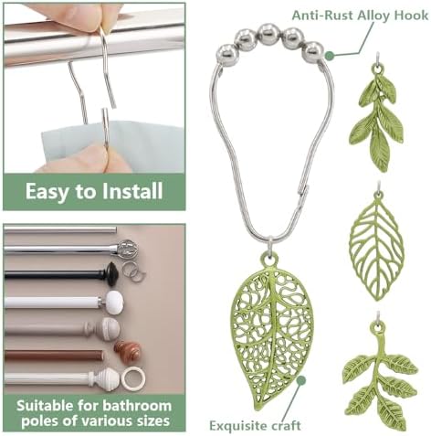 Leaves Shower Curtain Hooks-12Pack Green Plant Leaf Shower Curtain Rings - Image 4