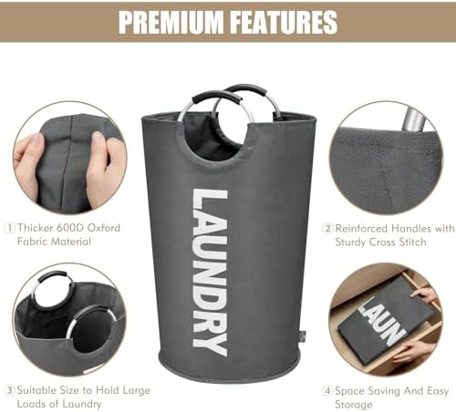 DOKEHOM 90L Large Laundry Basket Bag, Collapsible Tall Hamper, Dark Grey - Image 6