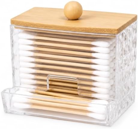 Cotton Swab Holder with Bamboo Lid, Diamond Cut Swab Dispenser by AkoSlale