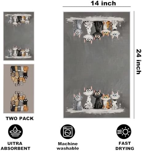 Jztco 2 Pcs Cute Cat Kitchen Towels, Cats Gifts Absorbent Hand Tea Towel - Image 2