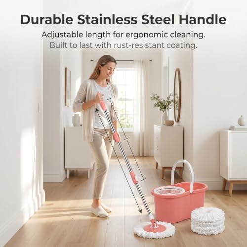 Pink Spin Mop and Bucket with Wringer Set 360 Rotating Mop 3 Mop Refills - Image 5