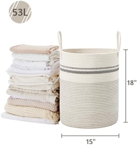 VIPOSCO 53L Tall Woven Laundry Basket Hamper, Stripe White - Image 5